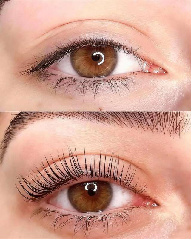 Natürlich geschwungene Wimpern nach einem Wimpernlifting, Nahaufnahme